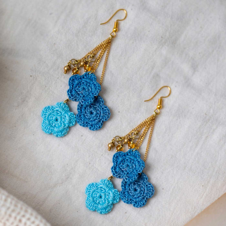 Handmade Crochet Blue Poppies Viscose Thread Swing Earrings