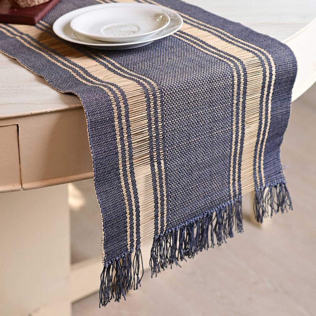 Hand Woven Double Striped Madhurkati Blue Table Runner