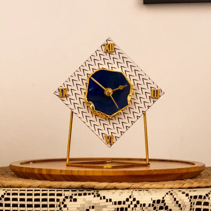 Black And White Diamond Cotton Fabric Coated MDF Desk Clock With Agate Accent | 6 x 4 x 3.5 inch