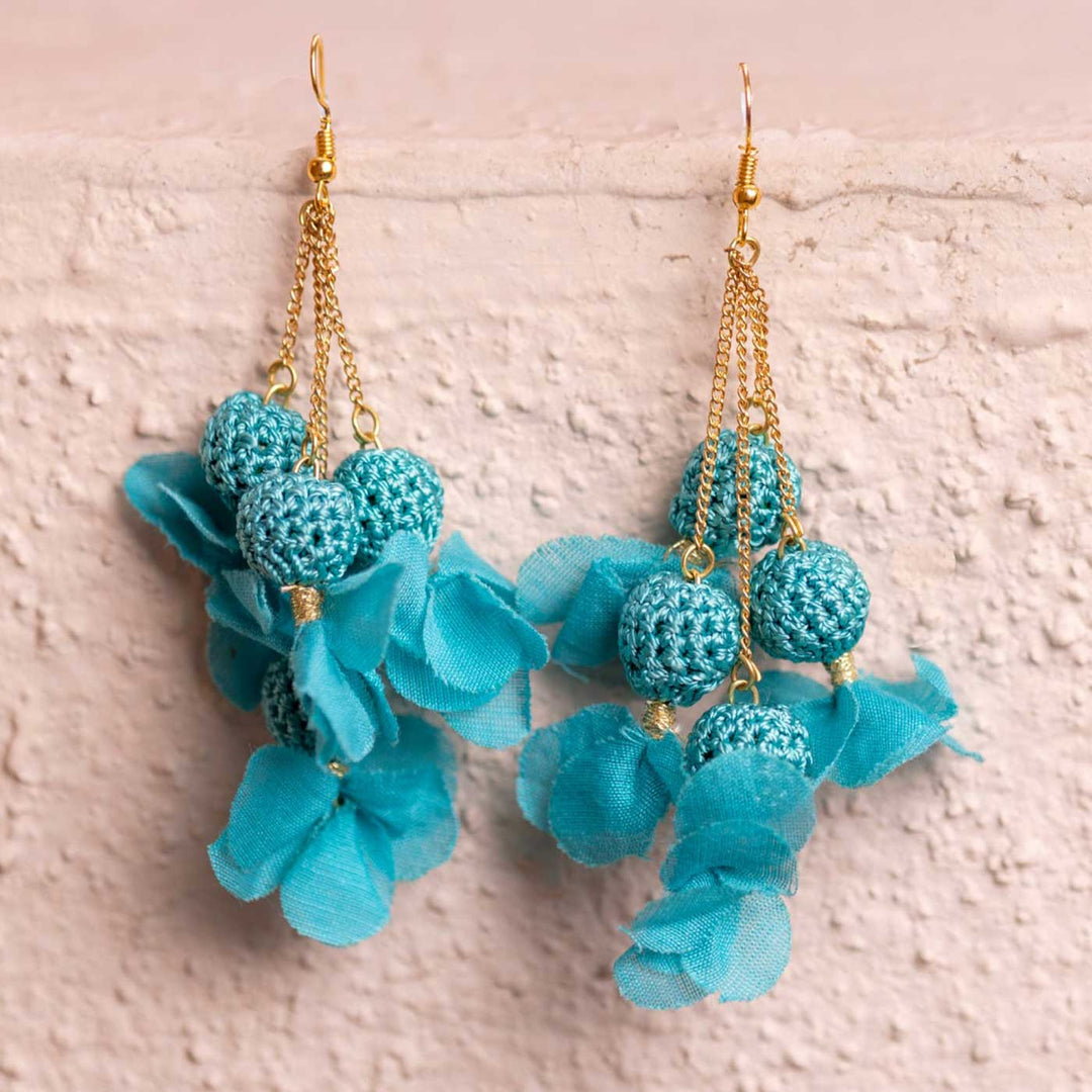 Handmade Crochet Turquoise Floral Viscose Thread Swing Earrings