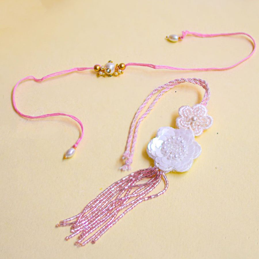 Handmade Basra Pearl Design Bhaiya Bhabhi Rakhi With Roli Chawal - Full Necklace Layout