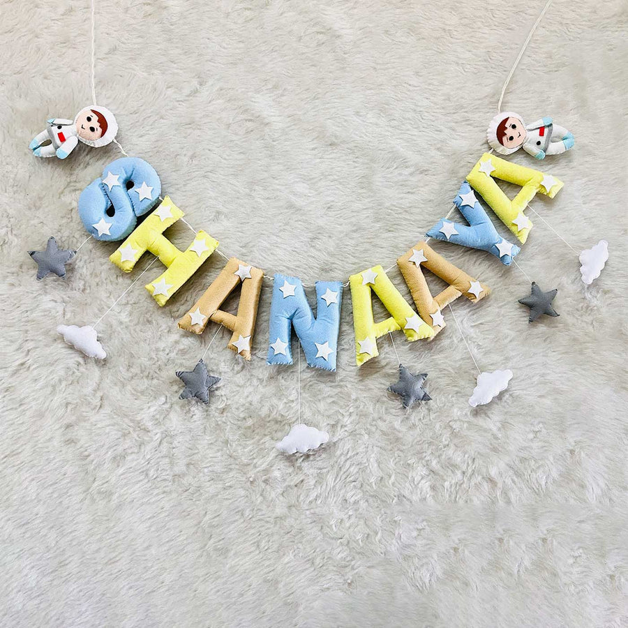 Handcrafted Personalized Astronaut Themed Bunting For Kids - Front View Hanging Banner Display