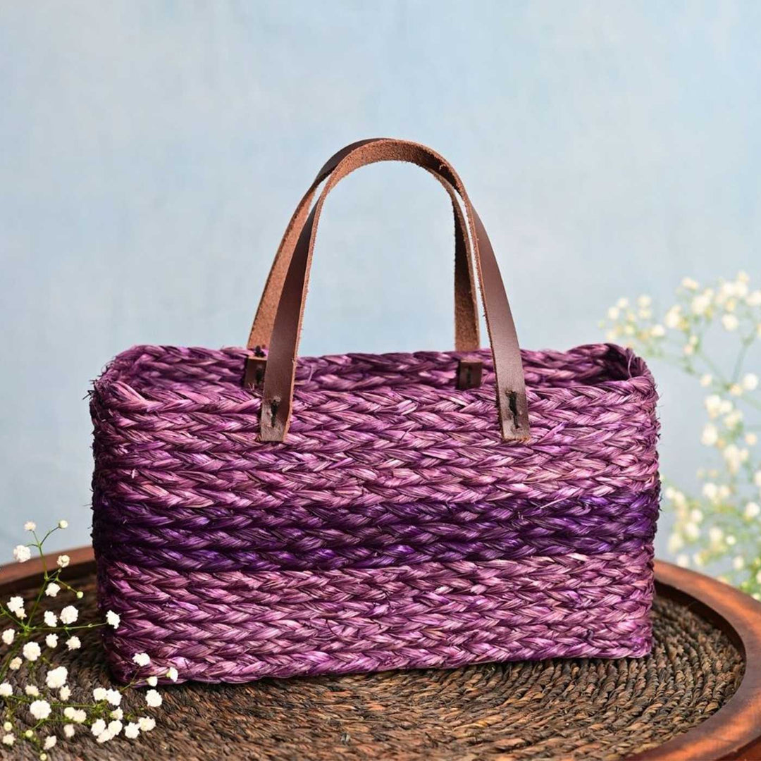 Handmade Grass Woven Single Striped Lavender Sabai Mesh Handbag