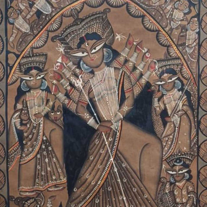 29 x 48 Inch | Maa Durga With Ten Arms | Original Hand Painted Kalighat Painting | Natural Pigment On Paper