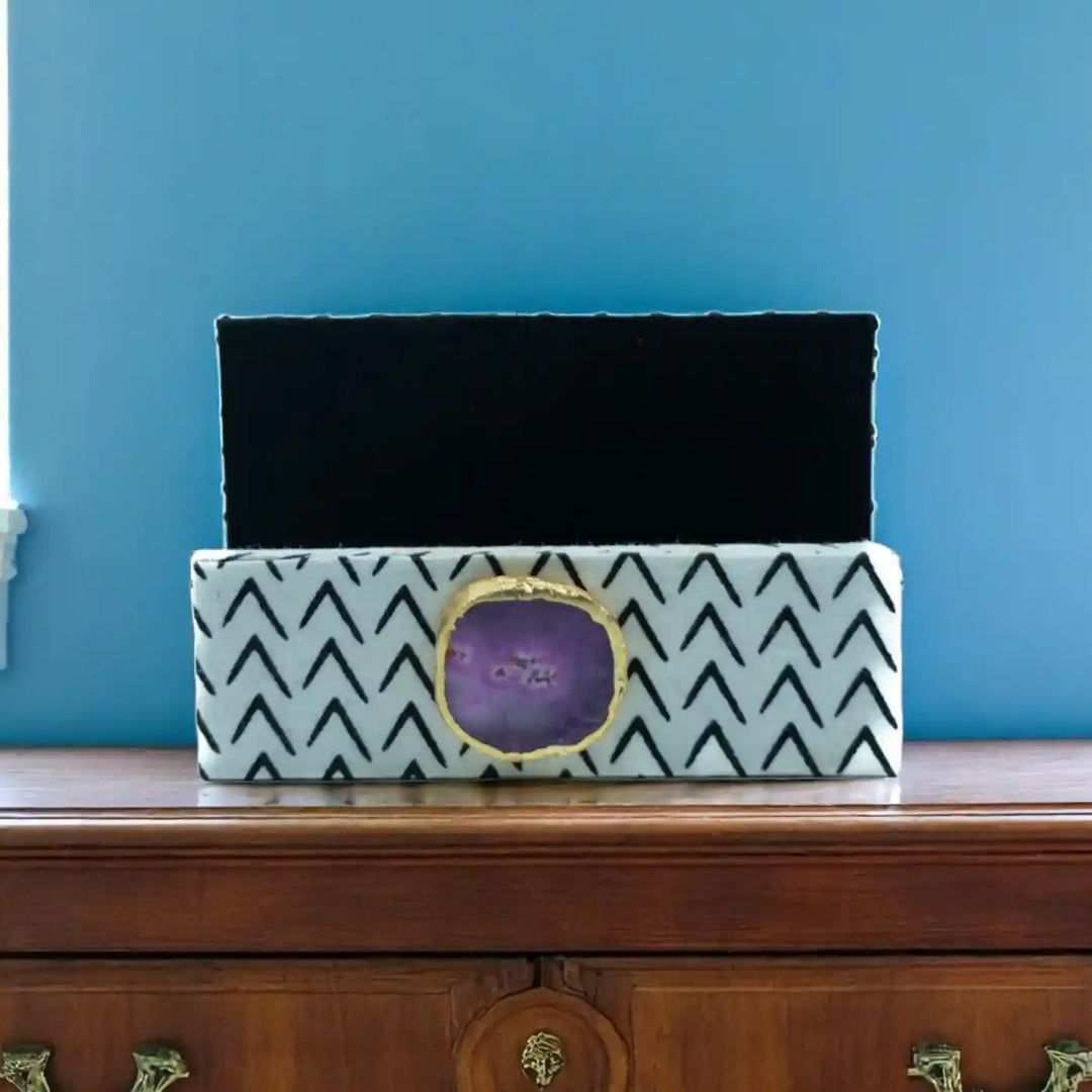 Black And White Cotton Fabric Coated MDF Visiting Card Holder With Agate Accent