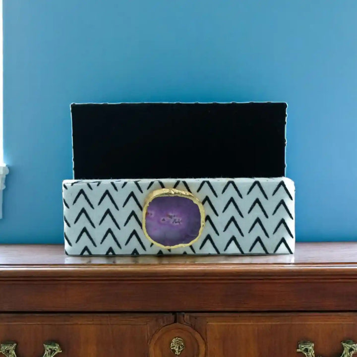 Black And White Cotton Fabric Coated MDF Visiting Card Holder With Agate Accent