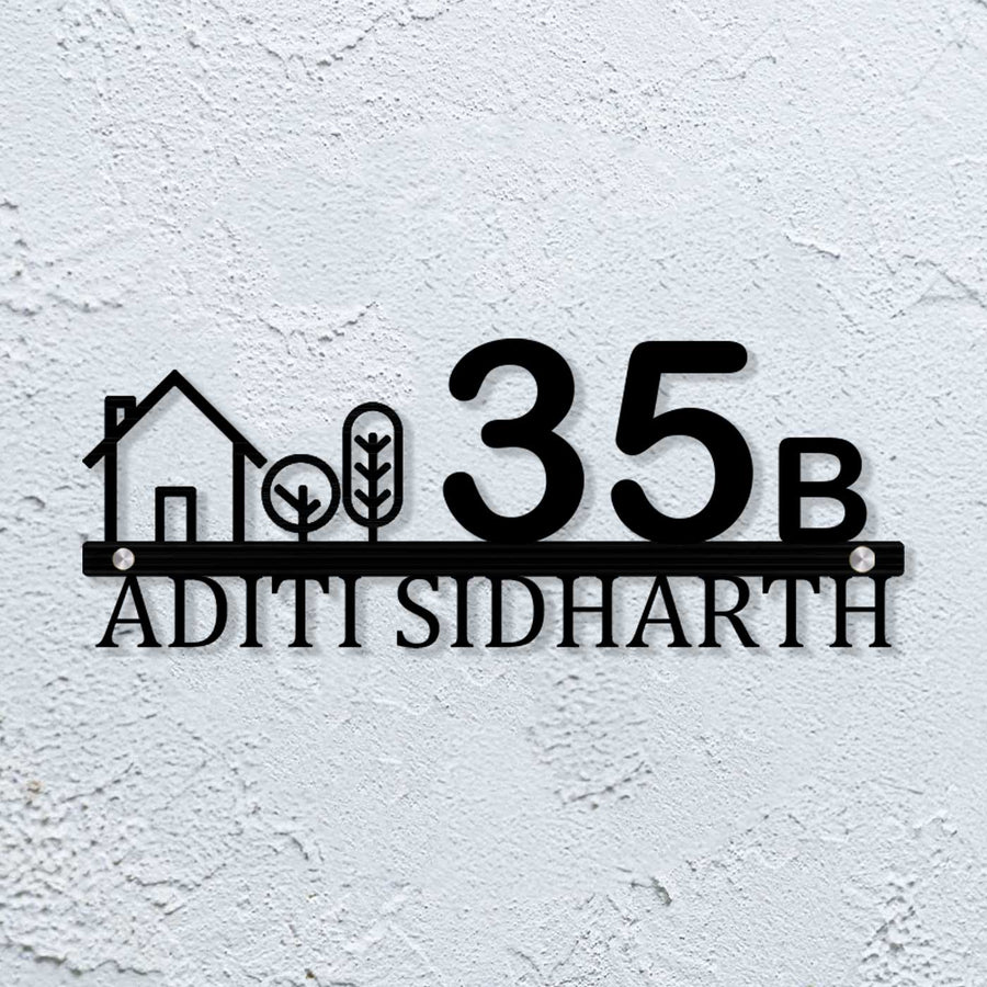Personalized Laser Cut House Theme Steel Name Plate - Mounted on Wall Close-up