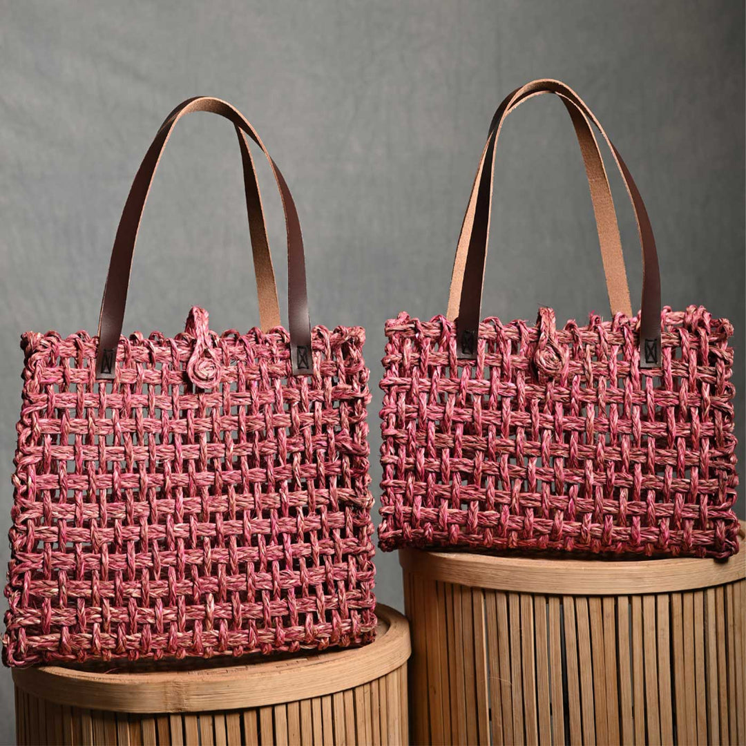 Handmade Grass Woven Leather Strap Box Shaped Pink Sabai Mesh Tote Bag
