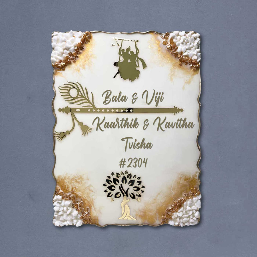 Personalized Off White Radha Krishna Theme Resin Name Plate - Front View on Neutral Background
