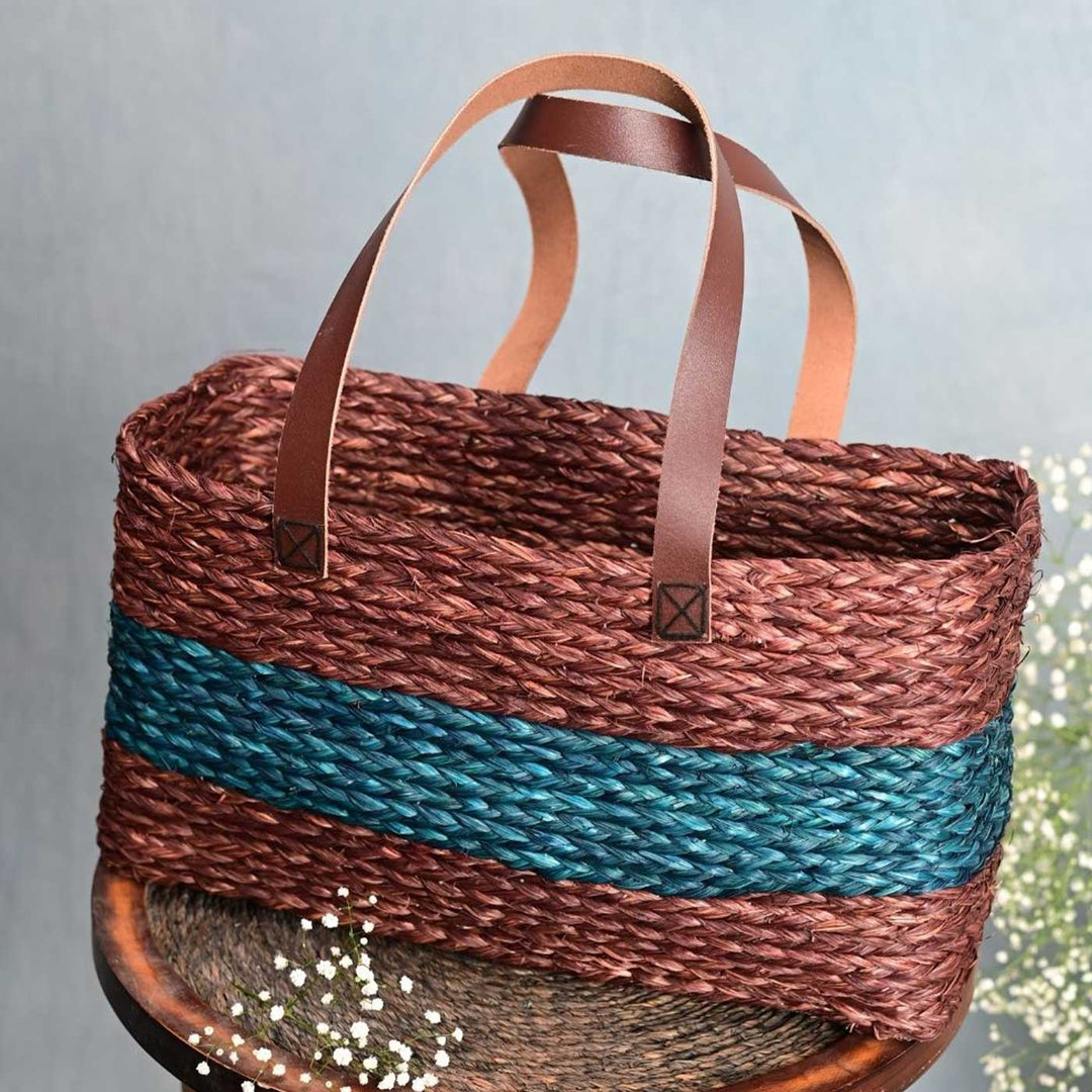 Handmade Grass Woven Single Brown And Indigo Horizontal Stripped Sabai Mesh Handbag
