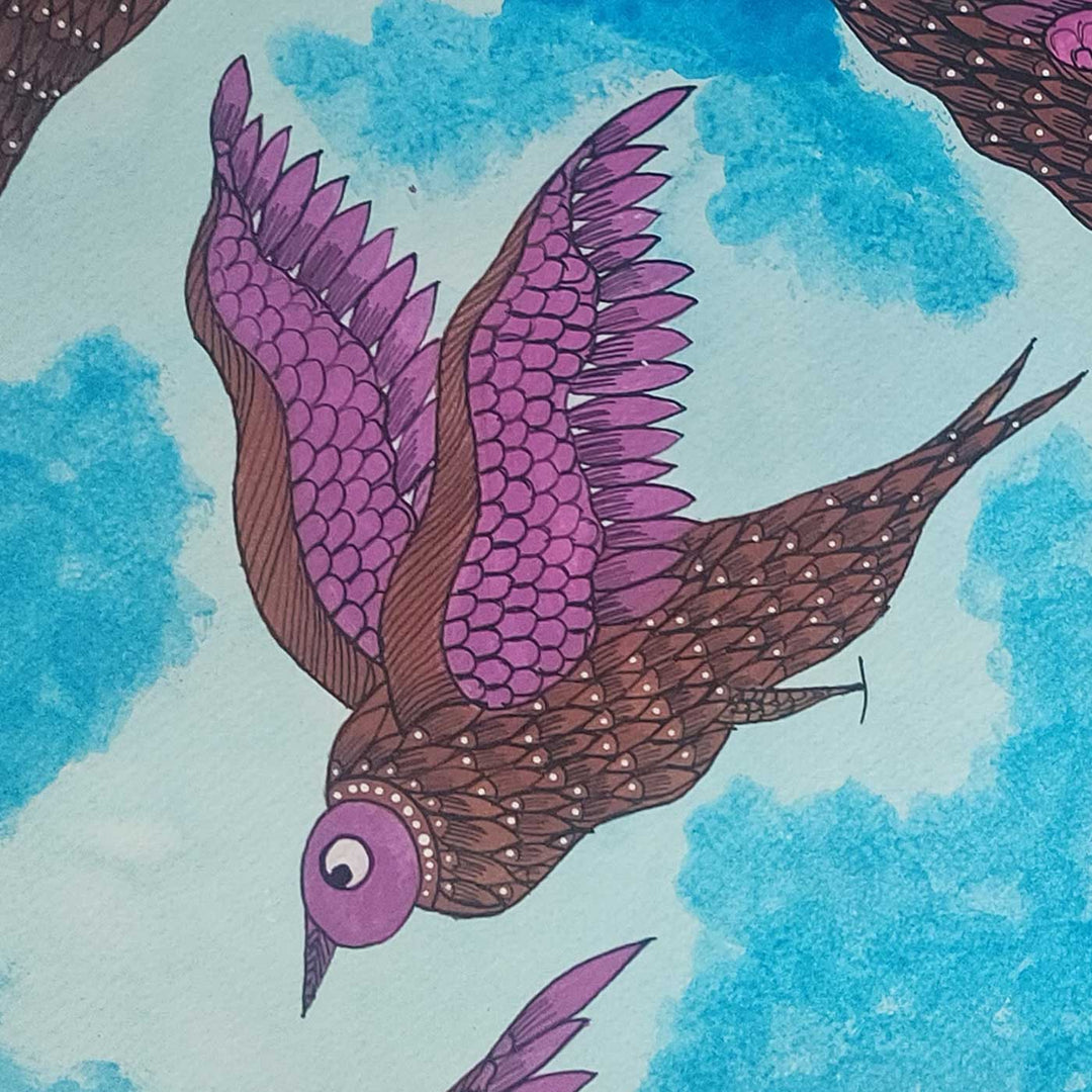 16 x 23 Inch | Playing Birds In Sky | Original Hand Painted Tribal Gond Art Painting | Acrylic Paints On Paper