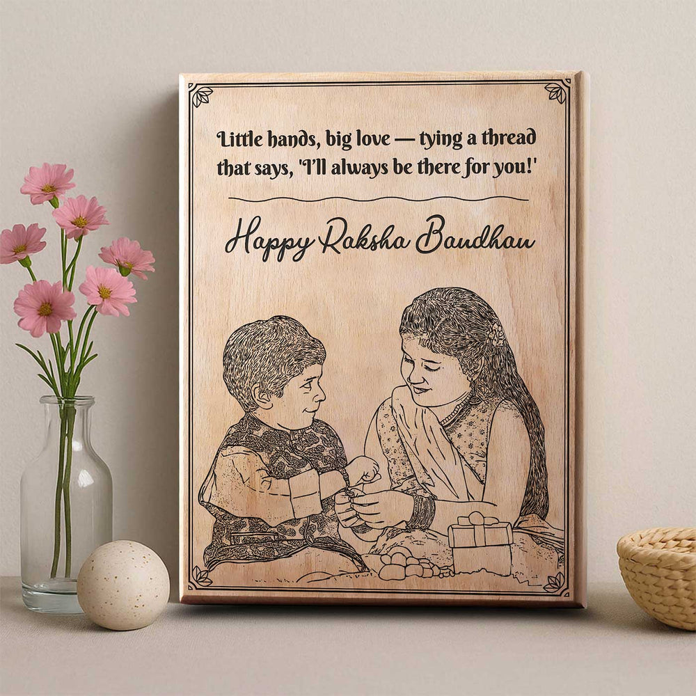 Photo Personalized Engraved Cute Bro Sis Theme Square Wooden Decorative Plaque Rakhi Hamper Includes 1 Rakhi 1 Plaque 1 Chocolate 1 Card And 1 Rakhi Plate - Plaque Front View with Decor