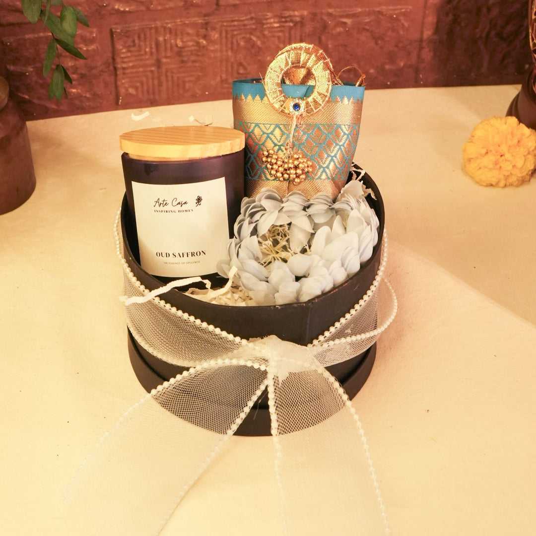 Sneh Chakra Diwali Gift Hamper | Includes 1 Candle, 1 Decor Flower, 1 Dry Fruit Potli, 1 Diwali Card, 1 Round Gift Box