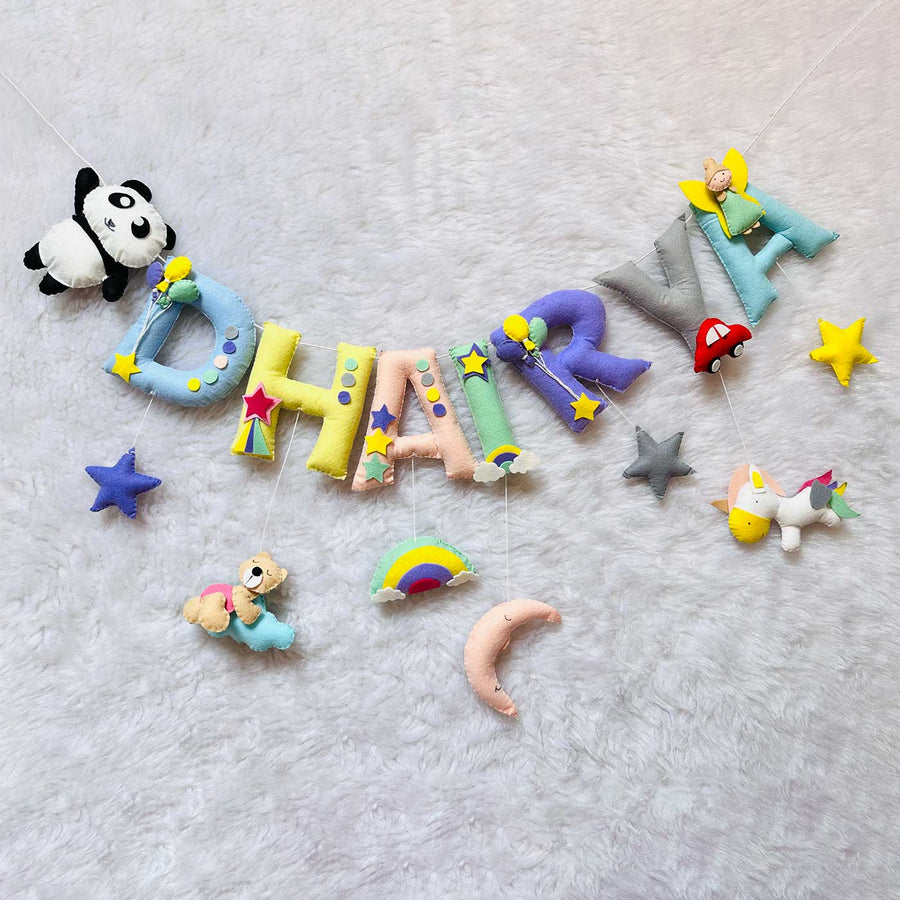 Handcrafted Personalized Panda And All Things Magical Bunting For Kids - Top-down view of hanging name banner