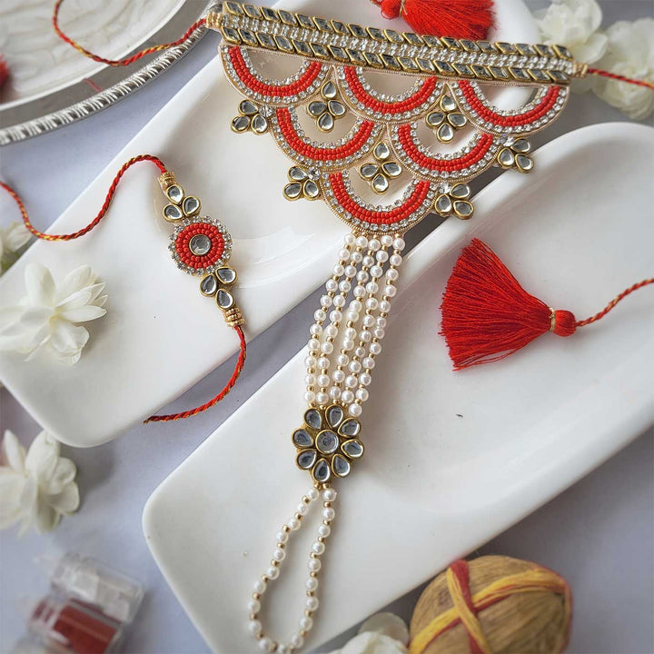 Handmade Beaded Pearl Hathfool Rakhi Hamper With Roli Chawal For Bhaiya And Bhabhi - Full set view on display tray