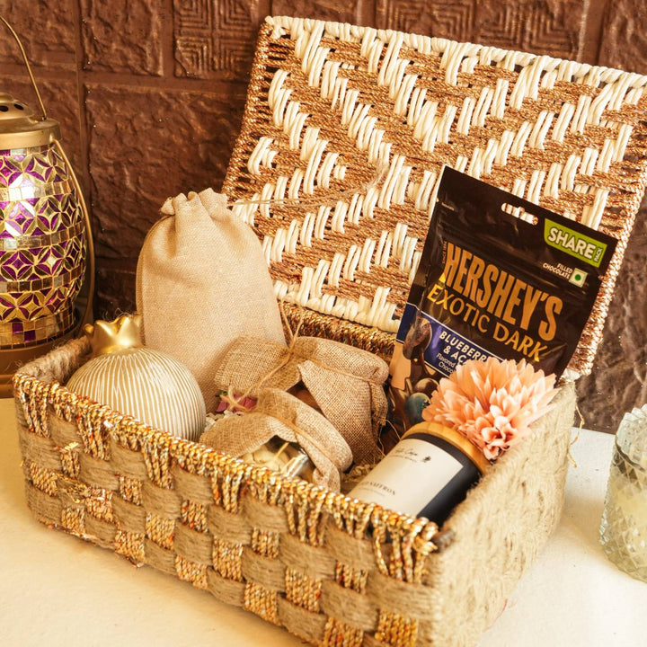 Diwali Delight Gift Hamper | Includes 1 Vase, 1 Candle, 1 Hershey's Chocolate, 2 Dry Fruit Jars, 2 Hangings, 1 Diwali Card, 1 Gift Box