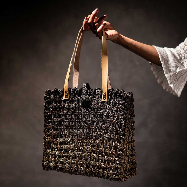 Handmade Grass Woven Rectangular Mesh Leather Strap Black And Gold Sabai Mesh Tote Bag