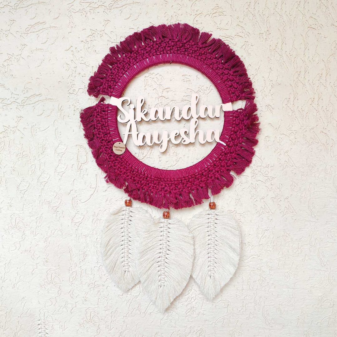 Personalized Macrame Round Pink & White Name Plate For Couples
