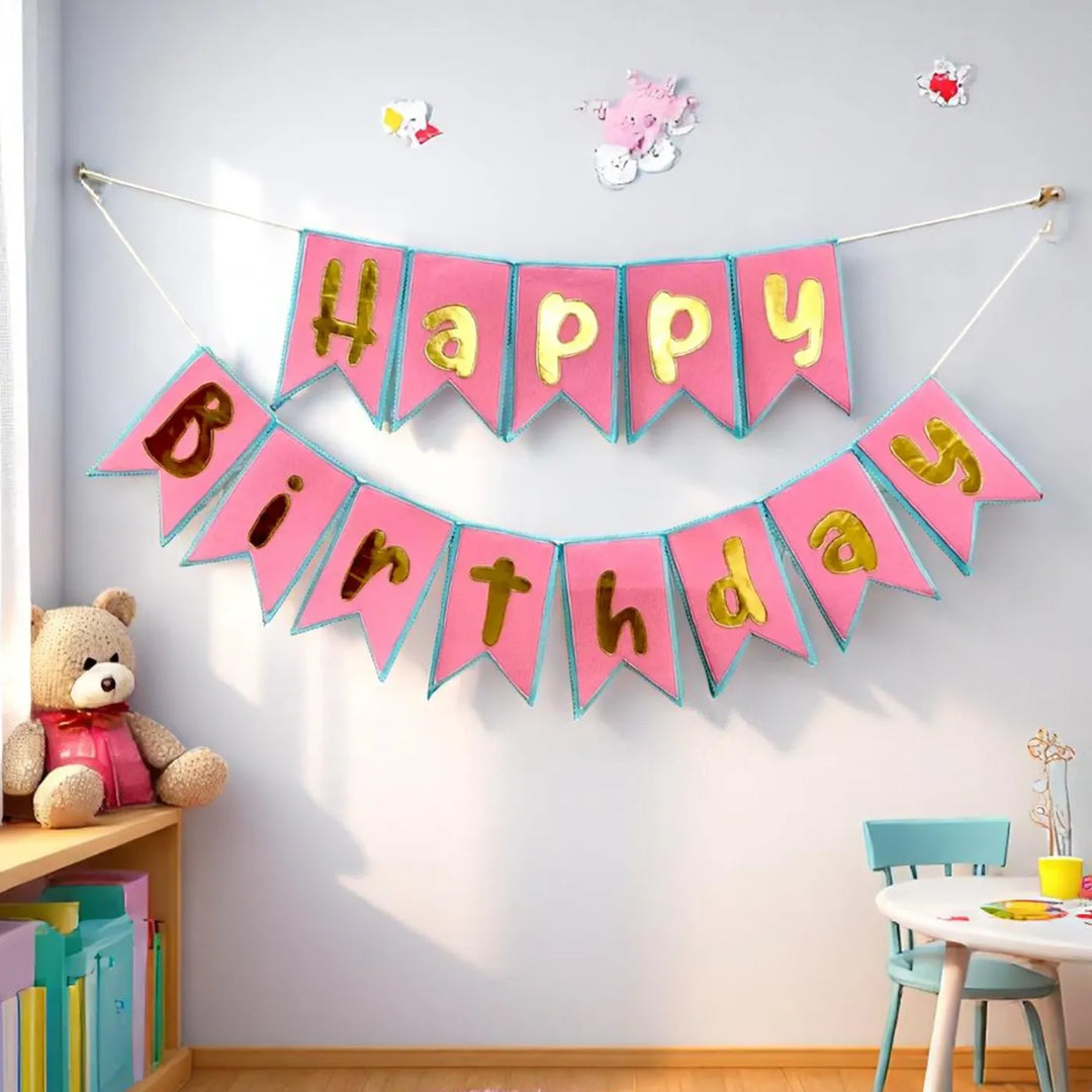 Handmade Pink & Blue Theme Felt Happy Birthday Bunting
