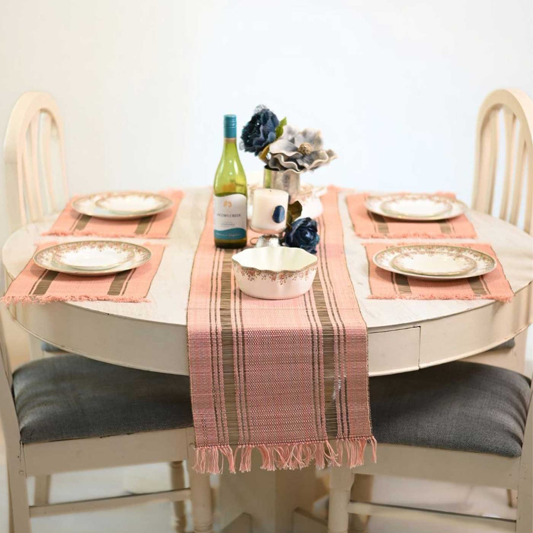 Hand Woven Single Striped Madhurkati Pink Table Runner & Table Mat
