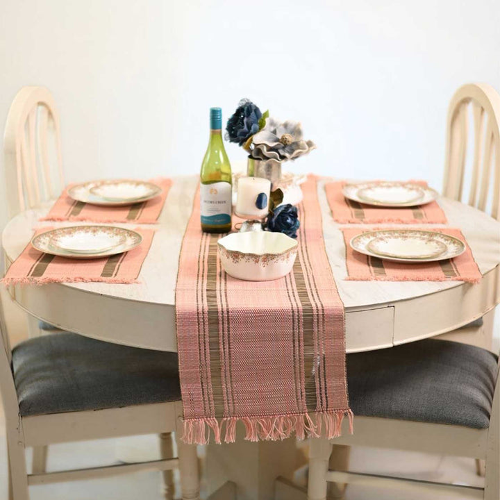 Hand Woven Single Striped Madhurkati Pink Table Runner & Table Mat