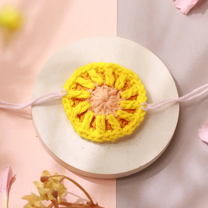 Handmade Crochet Round Yellow Rakhi With Roli Chawal