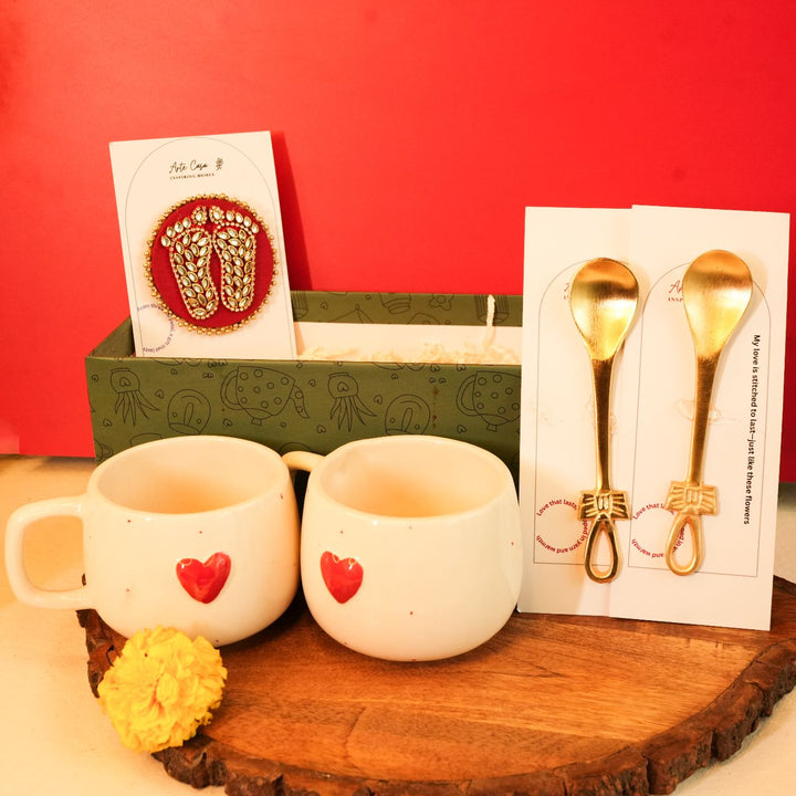 Dil Se Diwali Gift Hamper | Includes 2 Heart Mugs, 2 Brass Spoons, 1 Lakshmi Charan, 1 Diwali Card, 1 Gift Box