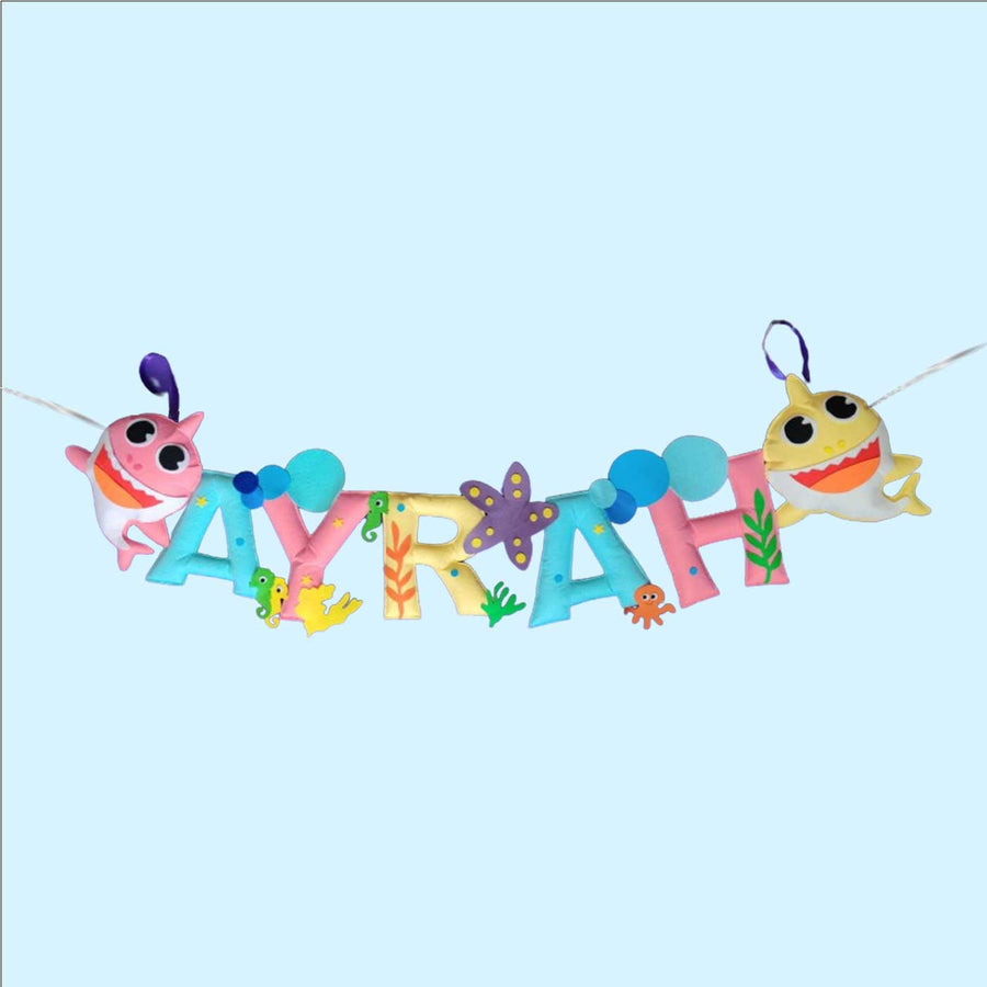 Handcrafted Personalized Baby Shark Bunting For Kids - Name Personalization Example Hanging