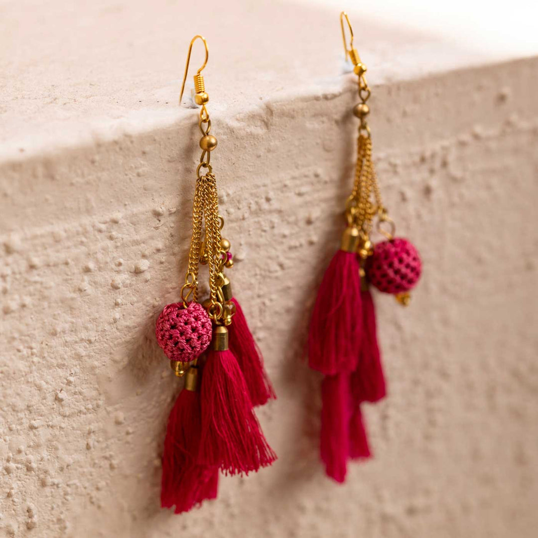 Handmade Crochet Fuchsia Tassel Viscose Thread Swing Earrings