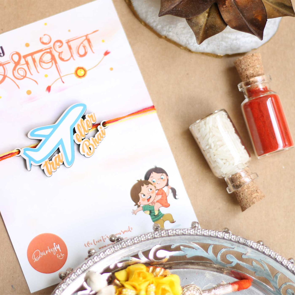 Handmade Traveller Bhai Magnet Wooden Rakhi With Roli Chawal For Brother - Gift Set Arrangement with Rakhi and Accessories