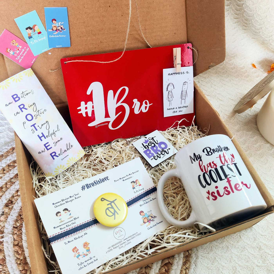 Photo Personalized Best Bro Rakhi Hamper For Brother Includes 1 Plaque 1 Rakhi 1 Chocolate 1 Keychain 1 Car Hanging And 1 Mug - Gift Box Packaging View