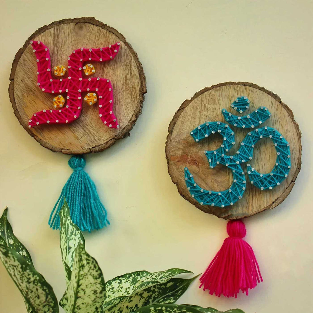 Handmade String Art Om & Swastik Design MDF Wood Decorative Plaque