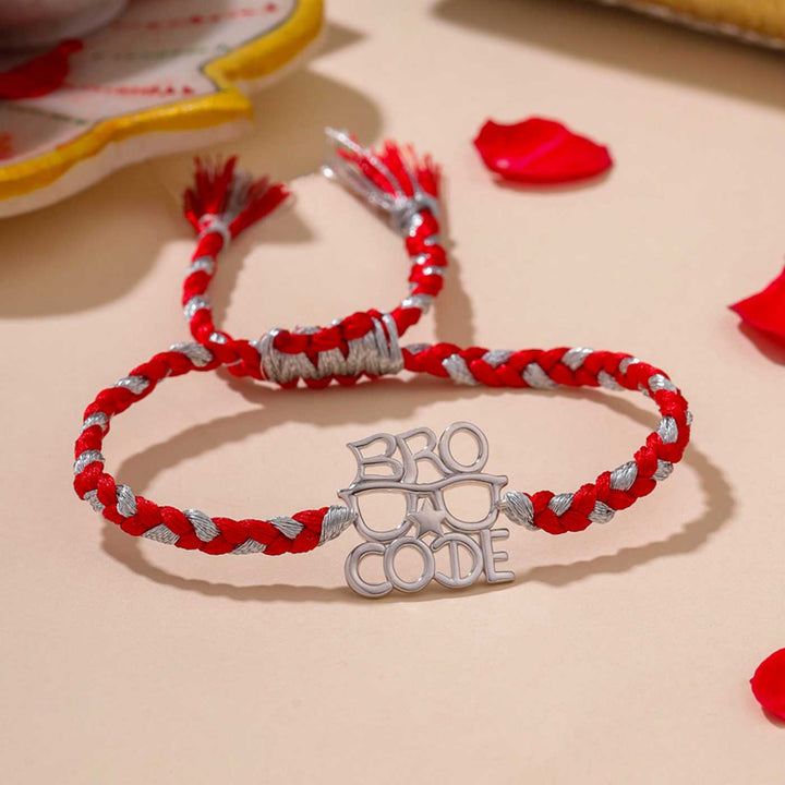 Handmade Bro Code Design Silver Rakhi For Brother - Braided Bracelet Front View