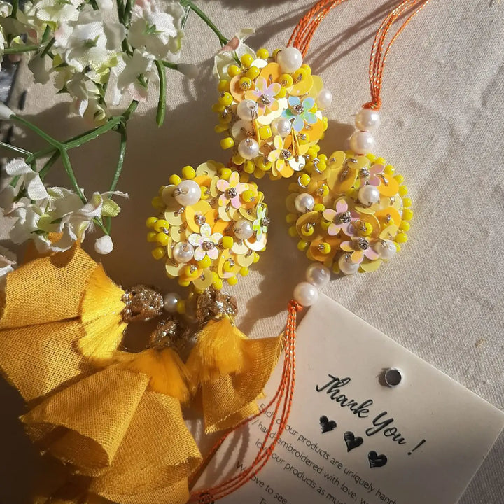 Hand Embroidered Beaded Marigold Bhaiya Bhabhi Rakhi With Roli Chawal Set Of 2 - Close-up with Thank You tag