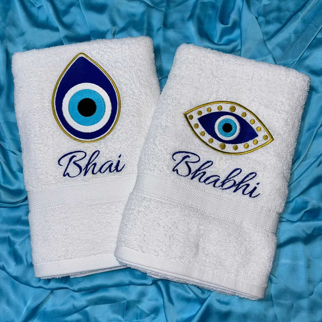 Personalized Embroidered Evil Eye Theme Cotton Bath Towel For Bhaiya And Bhabhi | Set Of 2