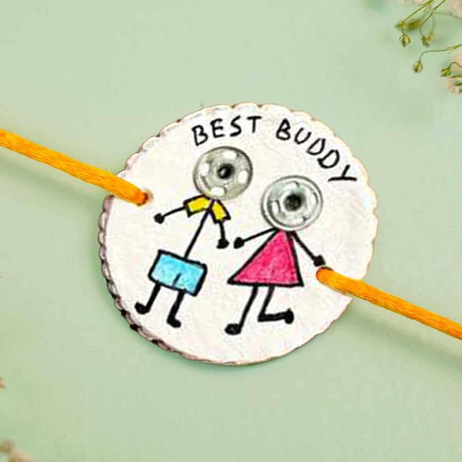 Personalized Hand Painted Best Buddy Clay Rakhi With Roli Chawal - Close-up of charm with string
