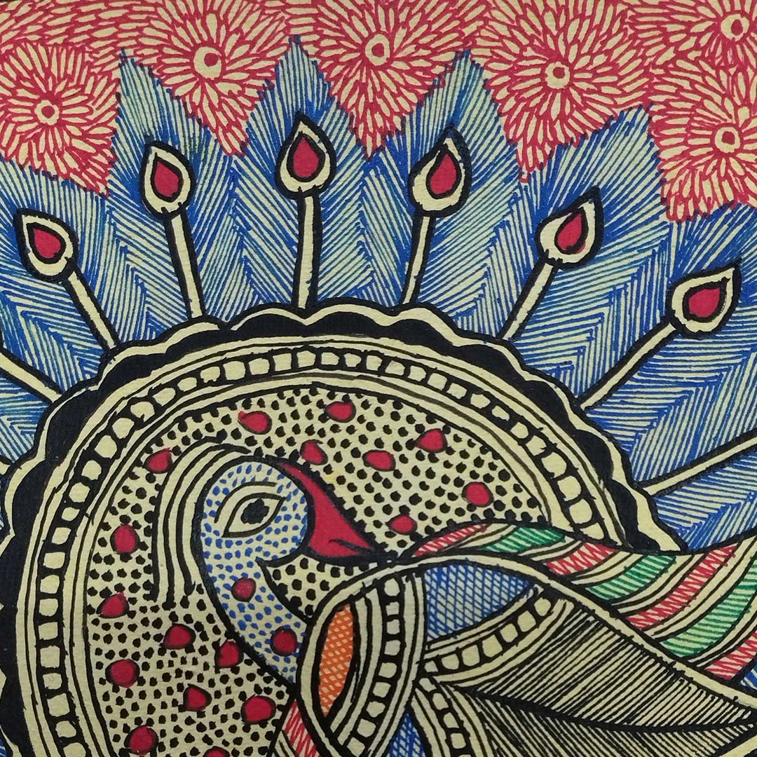 7 x 7 Inch | Colorful Peacock | Original Hand Painted Madhubani Painting | Natural Pigments On Paper