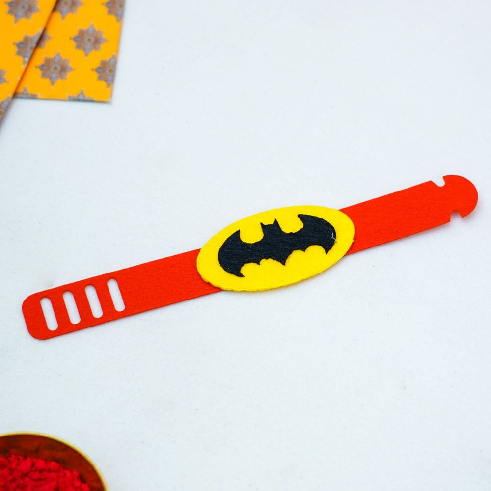 Kids Theme Felt Rakhi Band With Roli Chawal 2 - Full view of Batman bracelet