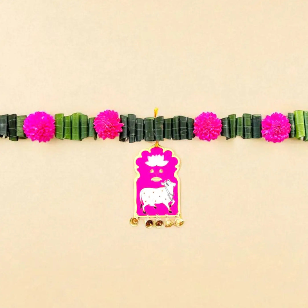 Handmade Pink Cow Motif Shola Flower Toran