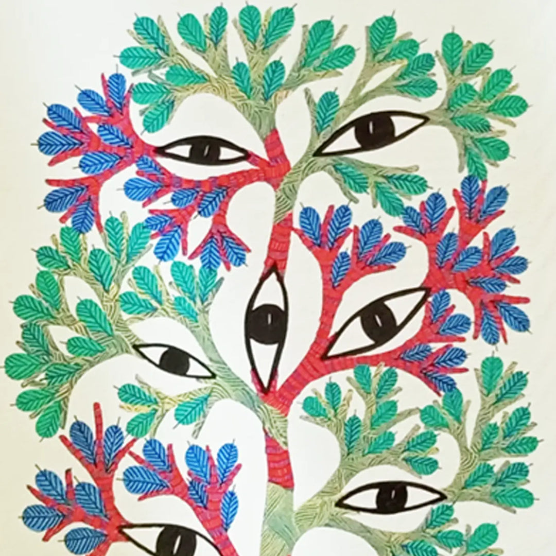 16 x 23 Inch | Eyes & Tree | Original Hand Painted Tribal Gond Art Painting | Acrylic Paint On Paper