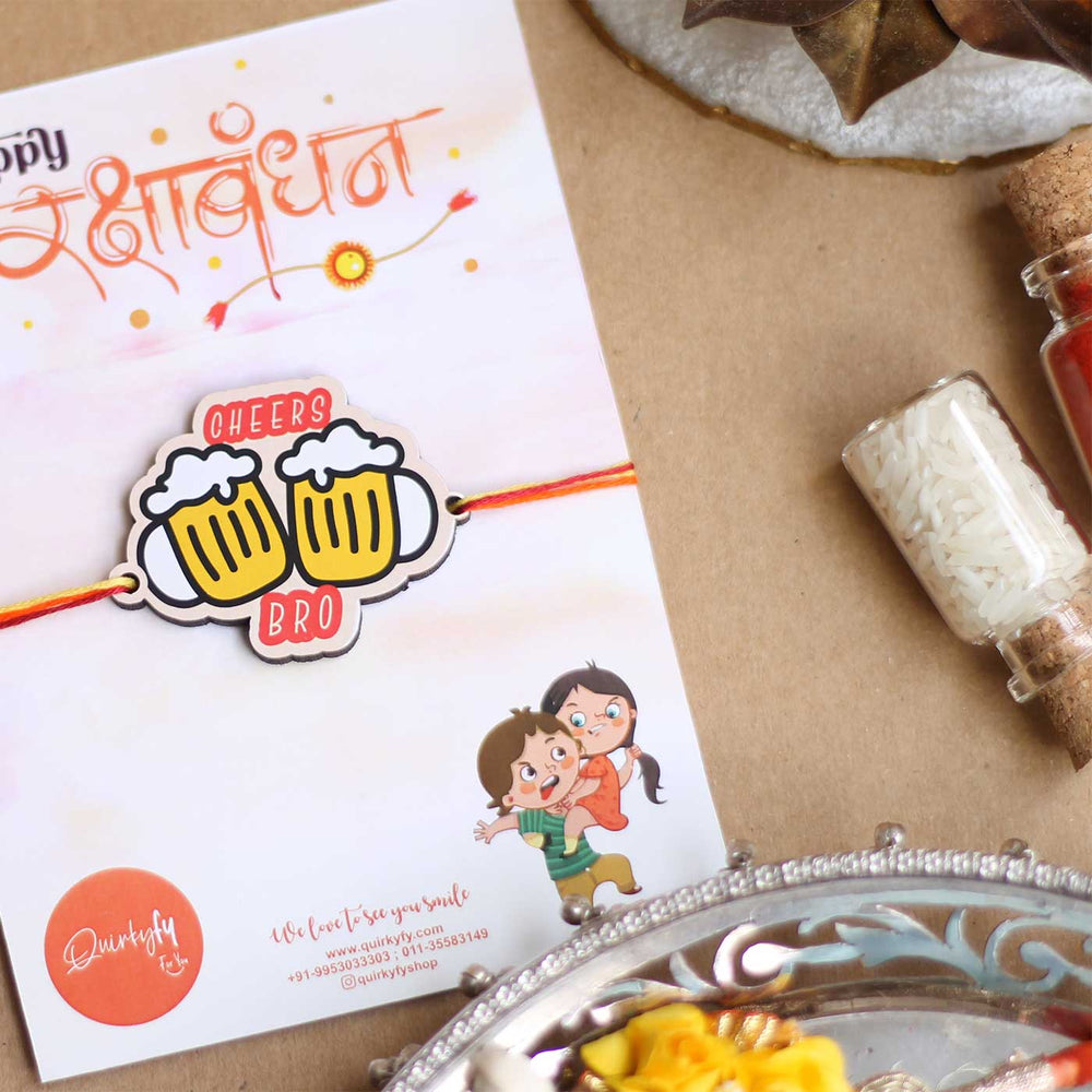 Handmade Cheers Bro Magnet Wooden Rakhi With Roli Chawal For Brother - Put on Card with Decorative Items
