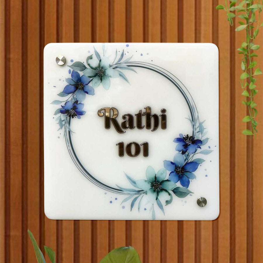 Personalized Square Shaped Floral Theme Acrylic Name Plate - Front View Mounted on Wall