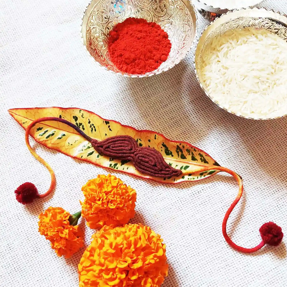 Handmade Dori Work Brown Moustache Rakhi With Roli Chawal - Styled with Traditional Items