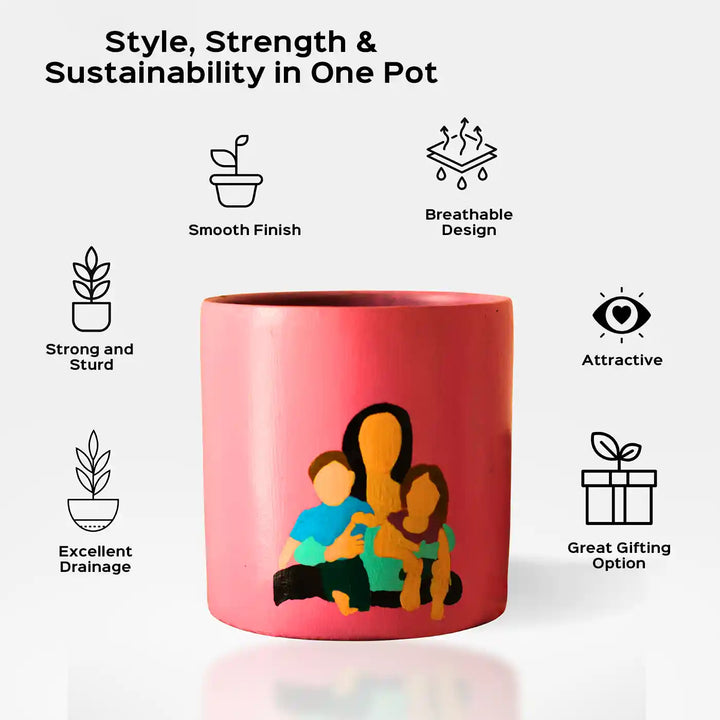 Customized Hand-Painted Mother With Two Kids Terracotta Planter