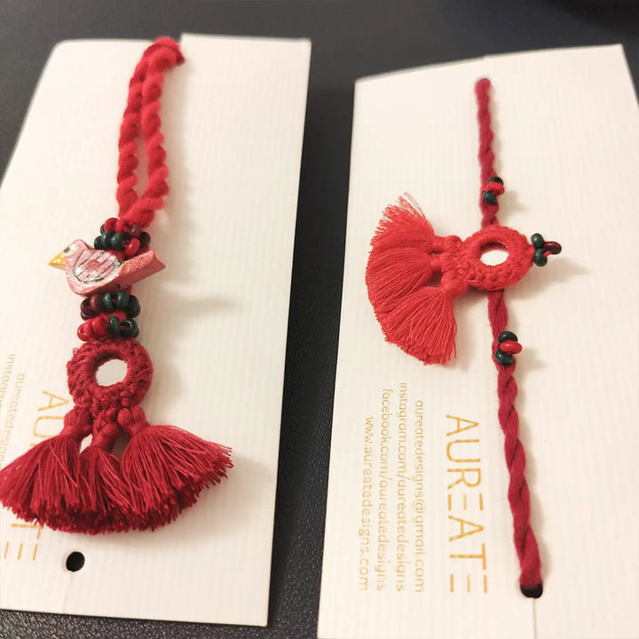 Handmade Mirror Work Bird & Tassels Bhaiya Bhabhi Rakhi With Roli Chawal