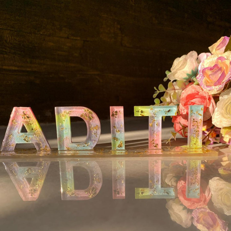 Handmade Resin Tabletop Name Plate With Acrylic Base - Name Personalization Example Front View