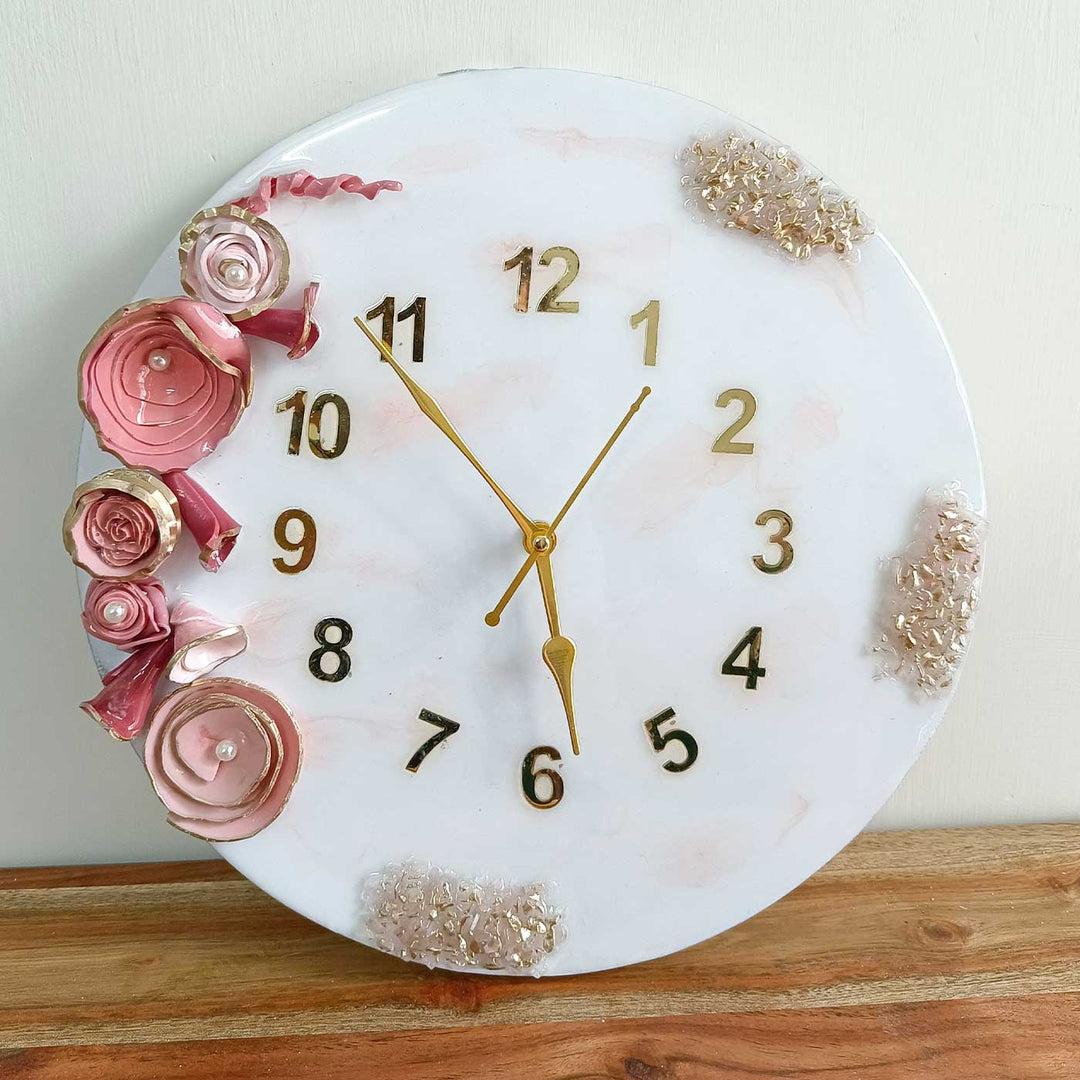 Handmade Pink Floral Theme Resin Wall Clock