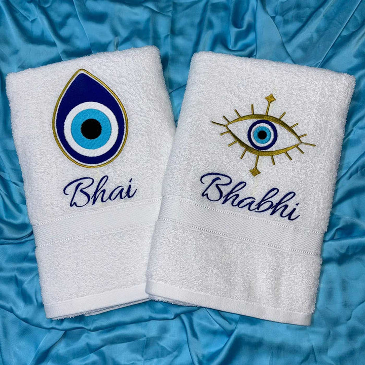 Personalized Embroidered Evil Eye Theme Cotton Bath Towel For Bhaiya And Bhabhi | Set Of 2