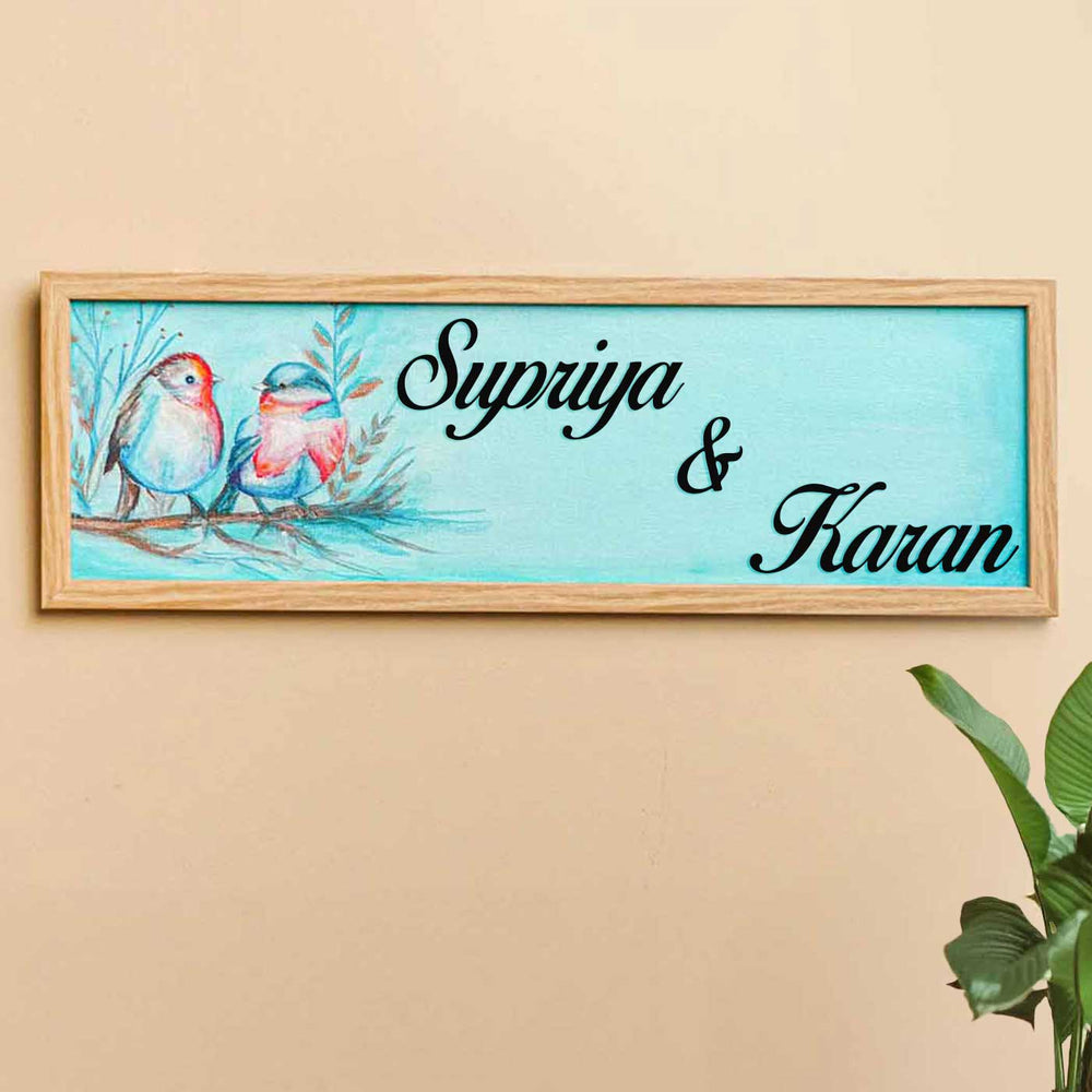 Personalized Birds Theme Mdf Wood Name Plate - Framed Wall Hanging Front View