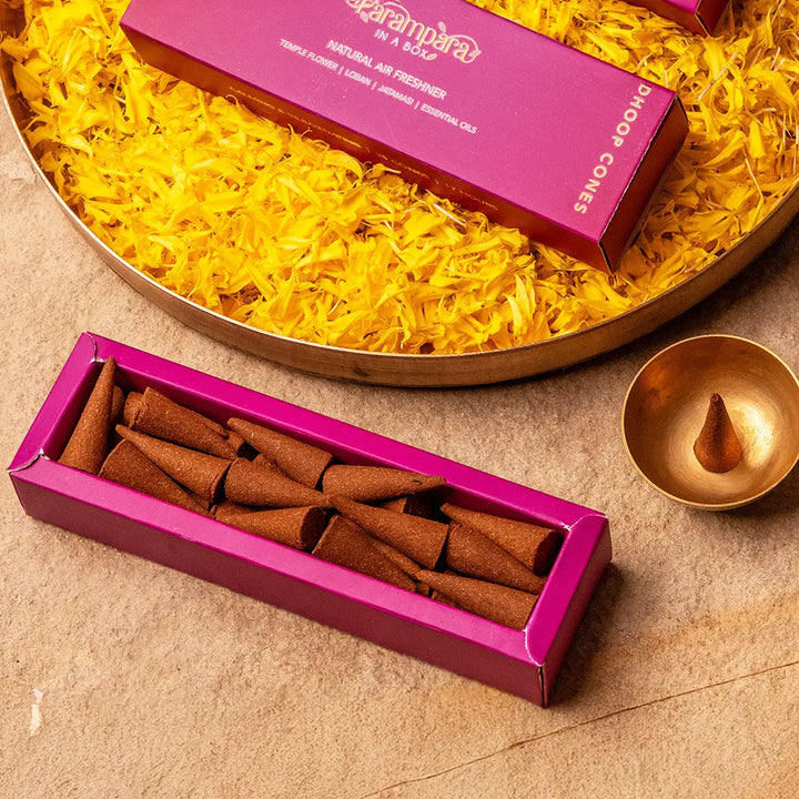 Meditation Gift Hamper | Includes 1 Dhoop Cones Pack, 8 Panchagavya Ghee Diya, 1 Singing Bowl, 1 Jaap Mala